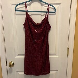 BeBop Wine Sequin Mini Dress Cowl Neck spaghetti Straps Sleeveless Size Small